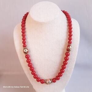 Asian Middle Eastern Inspired Red Beaded Necklace Three Floral Painted Wood Bead